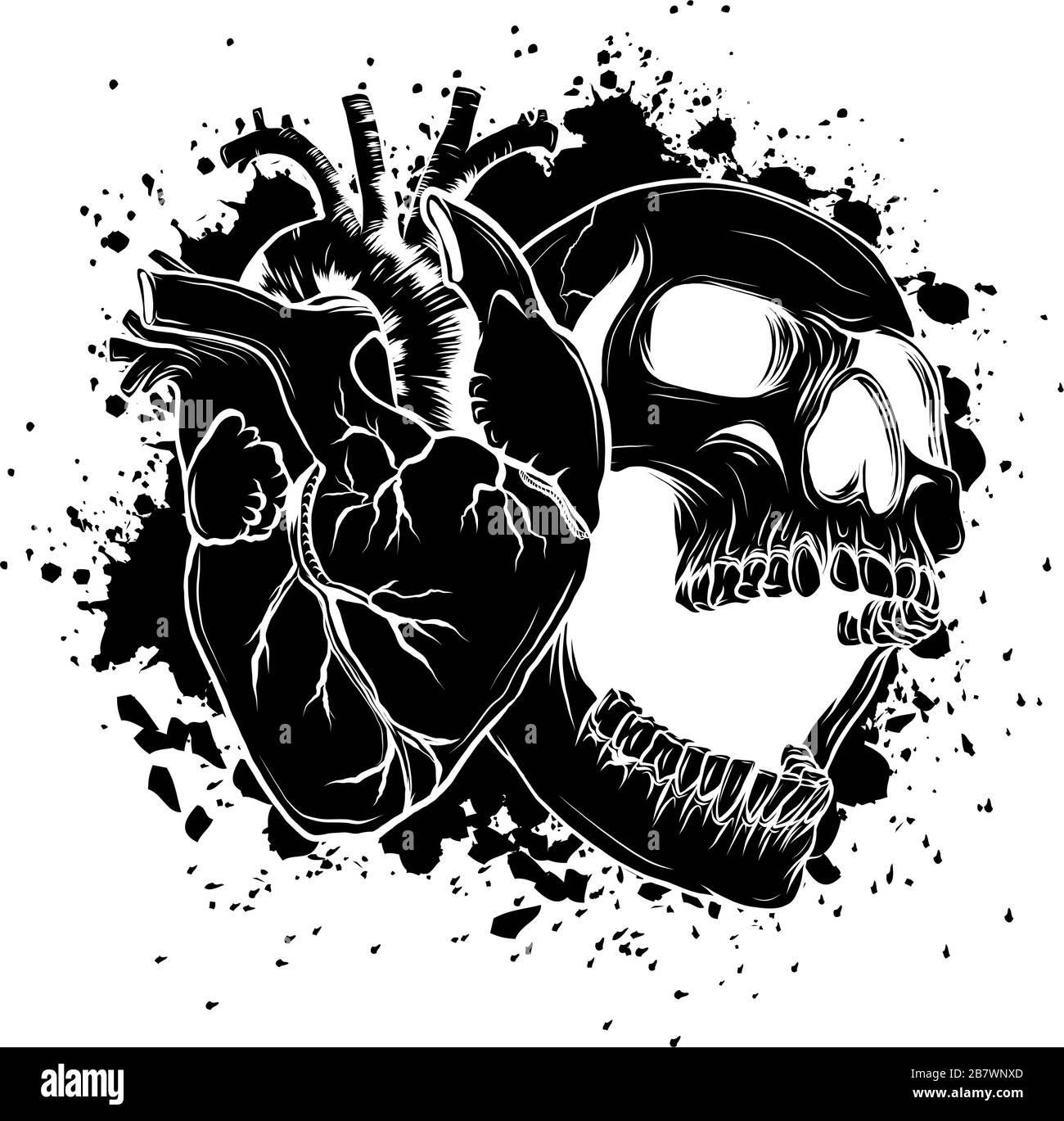 crâne dessiné de dessin animé avec des coeurs, tête de crâne d'amour Illustration de Vecteur