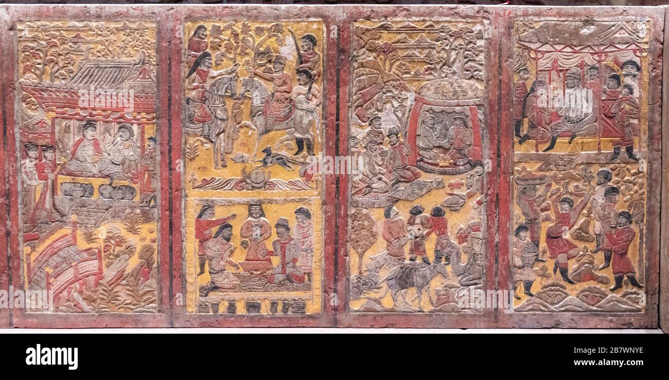 Détail de la table en pierre dorée peinte avec écran à trois côtés, dynastie du Zhou du Nord, musée d'histoire du Shaanxi, Xian, Chine Banque D'Images