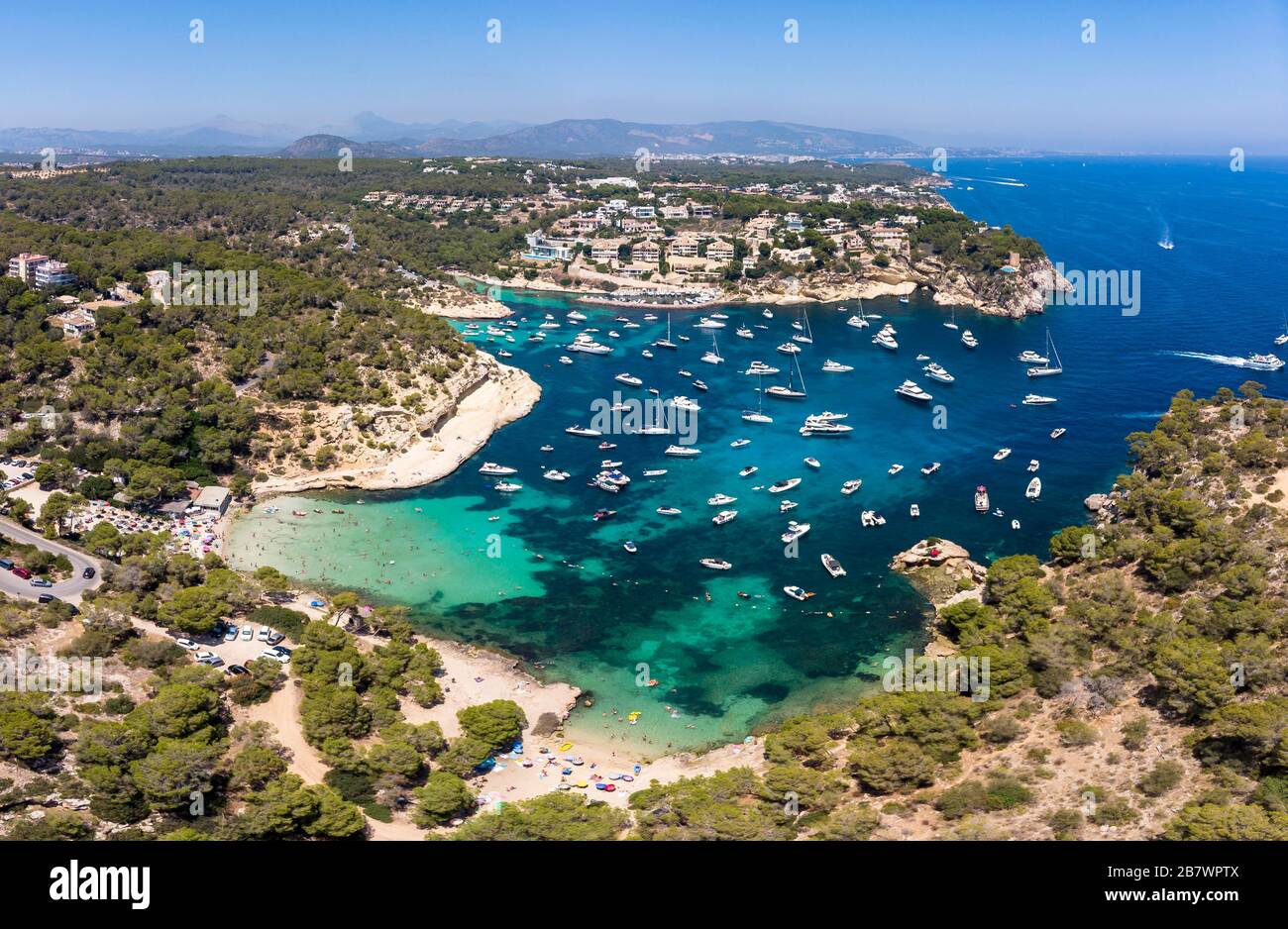 Vue aérienne, vue sur la baie à trois doigts de Portals Vells, Majorque, Iles Baléares, Espagne Banque D'Images
