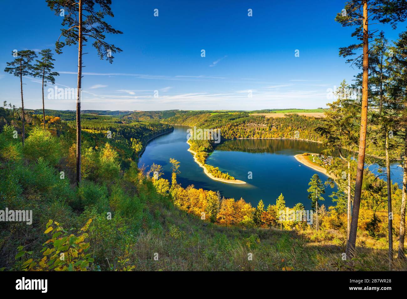 Vue sur le réservoir Hohenwarte en automne, péninsule de la queue du Dragon, lumière du matin, Haute-Saale, parc naturel Thueringer Schiefergebirge/Obere Banque D'Images