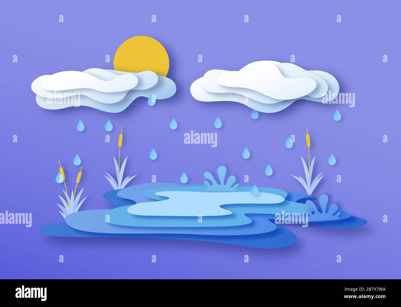 Paysage de lac découpé en papier avec nuages de pluie et plantes marécageuses sur fond coloré isolé. Environnement aquatique bleu en relief pour l'artisanat pour la conce en extérieur Illustration de Vecteur