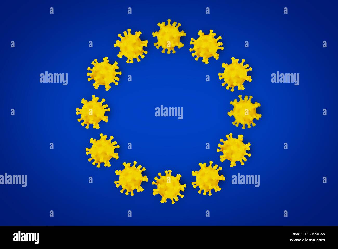 Symbole du virus Corona sur l'Union européenne jaune bleue drapeau européen fond européen. Cornavirus COVID-19 concept médical mondial d'épidémie de pandémie d'épidémie. Banque D'Images