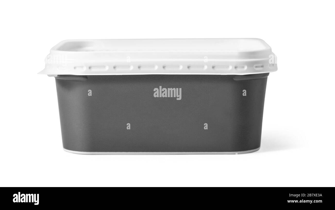 Récipient en plastique pour la tartiner de margarine, le beurre ou le fromage fondu, vue avant sur fond blanc. Collecte de l'emballage. Banque D'Images