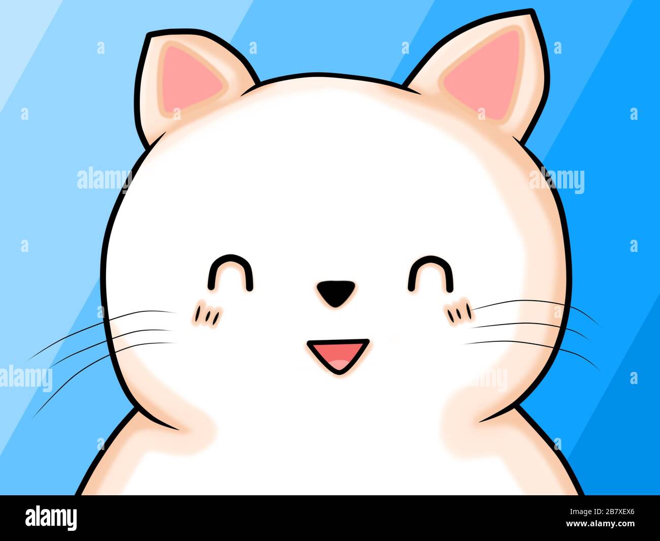 Illustration d'un joli chaton blanc tendre très heureux avec les yeux fermés, sur un fond bleu clair gradient Banque D'Images