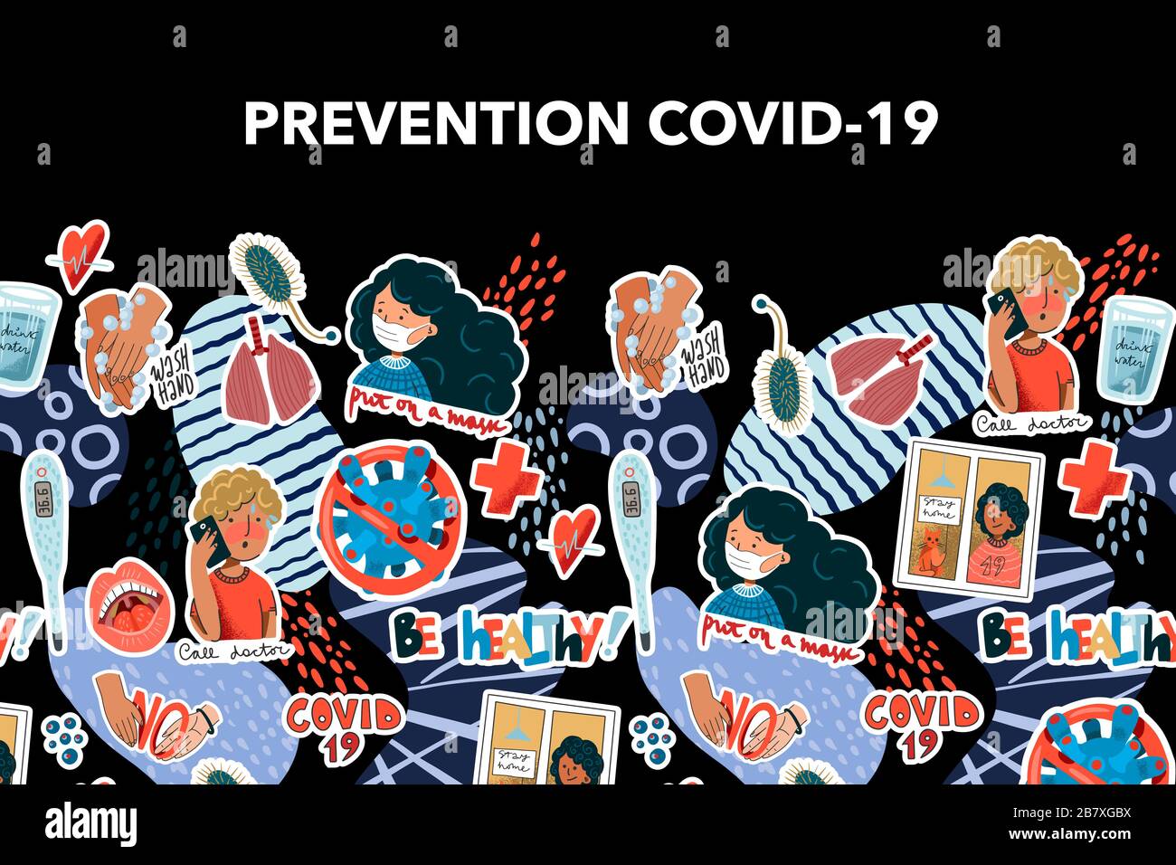 Bannière avec autocollants de rappel de prévention du coronavirus. Vecteur. Illustration de Vecteur