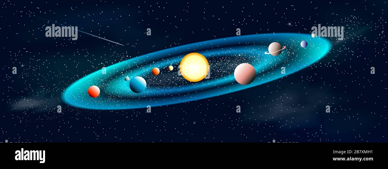 Soleil brillant et planètes. Système solaire. Galaxy. Le ciel étoilé de nuit. Espace arrière-plan. Banque D'Images