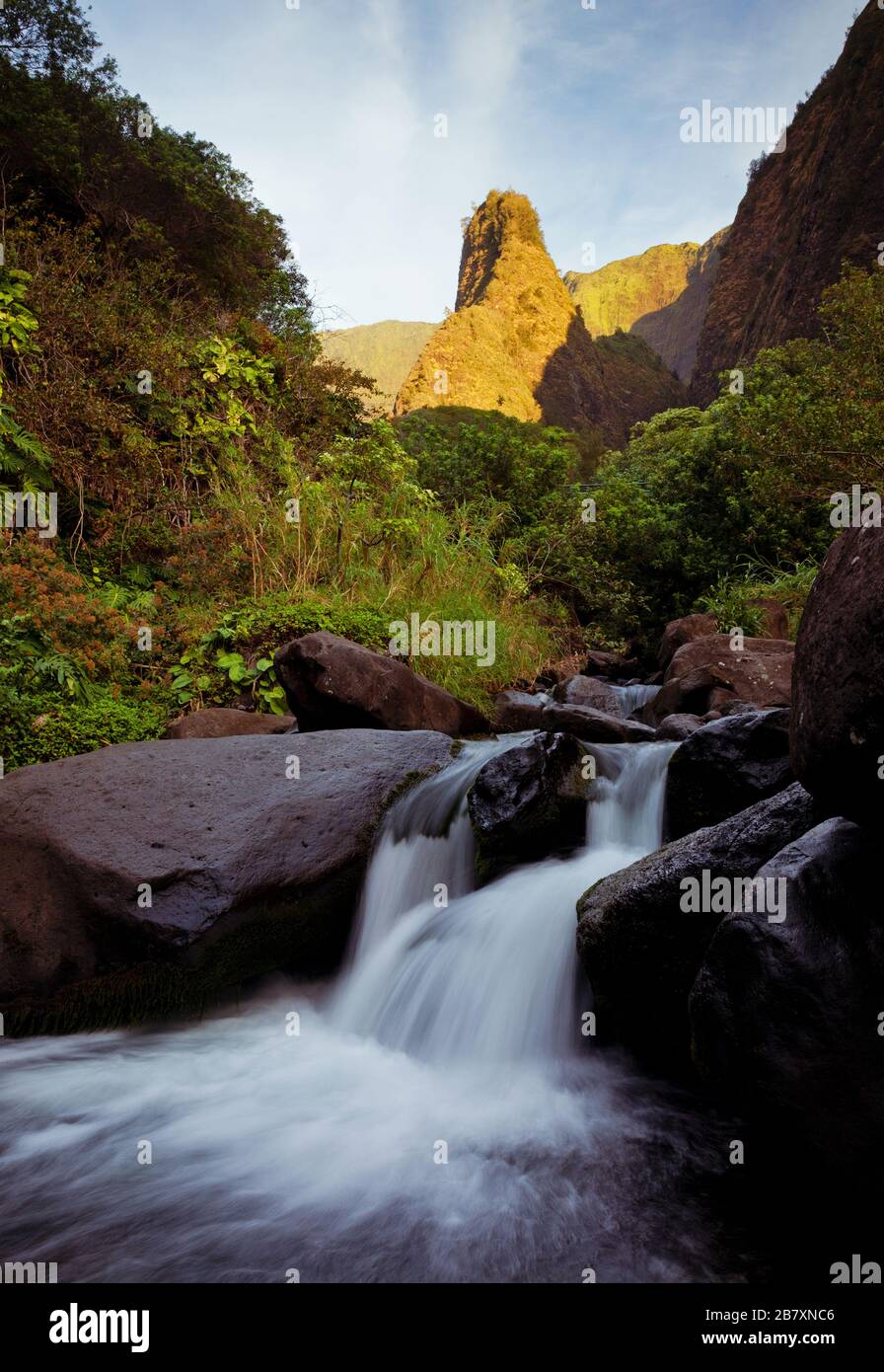 IAO Needle and stream au parc national de la vallée d'Iao, Maui, Hawaï. Banque D'Images