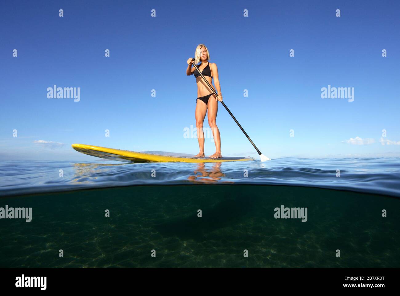 Une femme en bonne santé et en bonne forme est debout avec des palettes à Lahaina, Maui, Hawaï. Banque D'Images