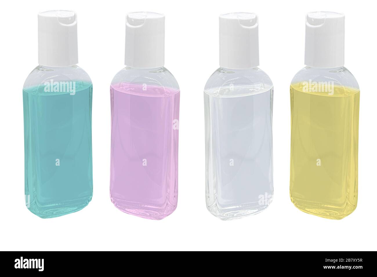 Différentes couleurs gel hydroalcoolique pour les mains, gel antibactérien pour prévenir la maladie et le Coronavirus, isolé sur blanc Banque D'Images