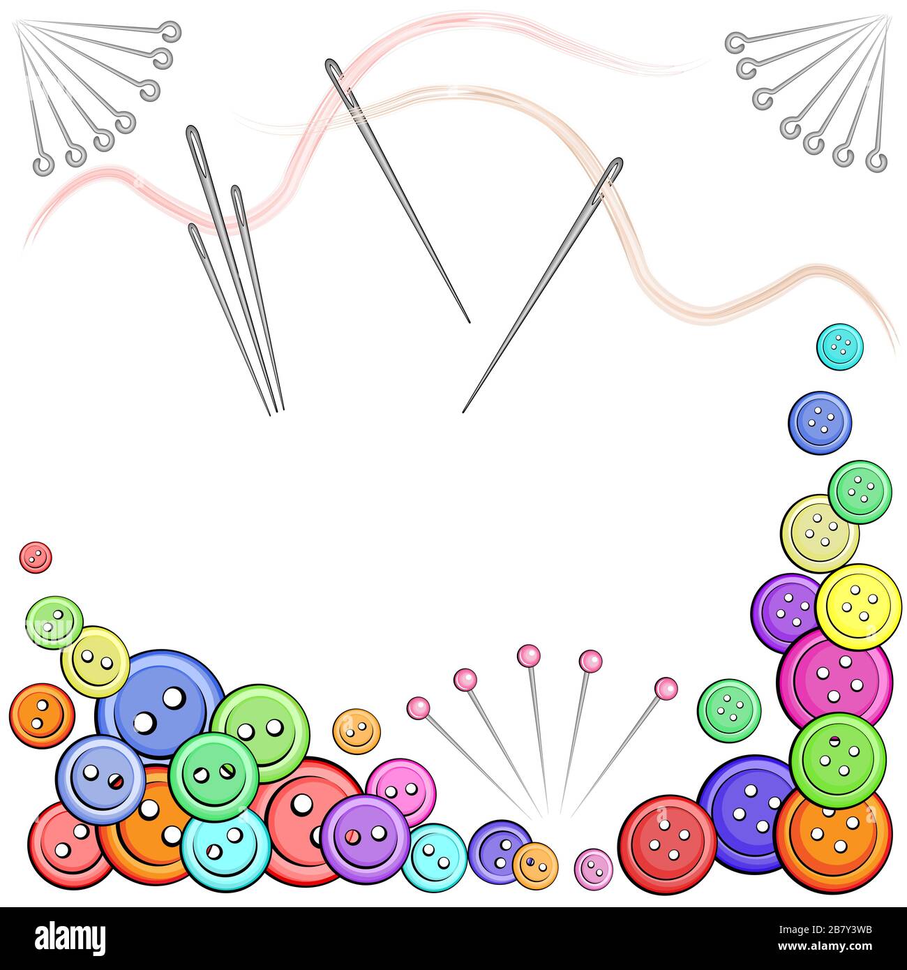 Jeu de boutons multicolores pour vêtements de différentes tailles, aiguilles et épingles sur mesure. Illustration vectorielle - isoler sur un arrière-plan blanc. Illustration de Vecteur