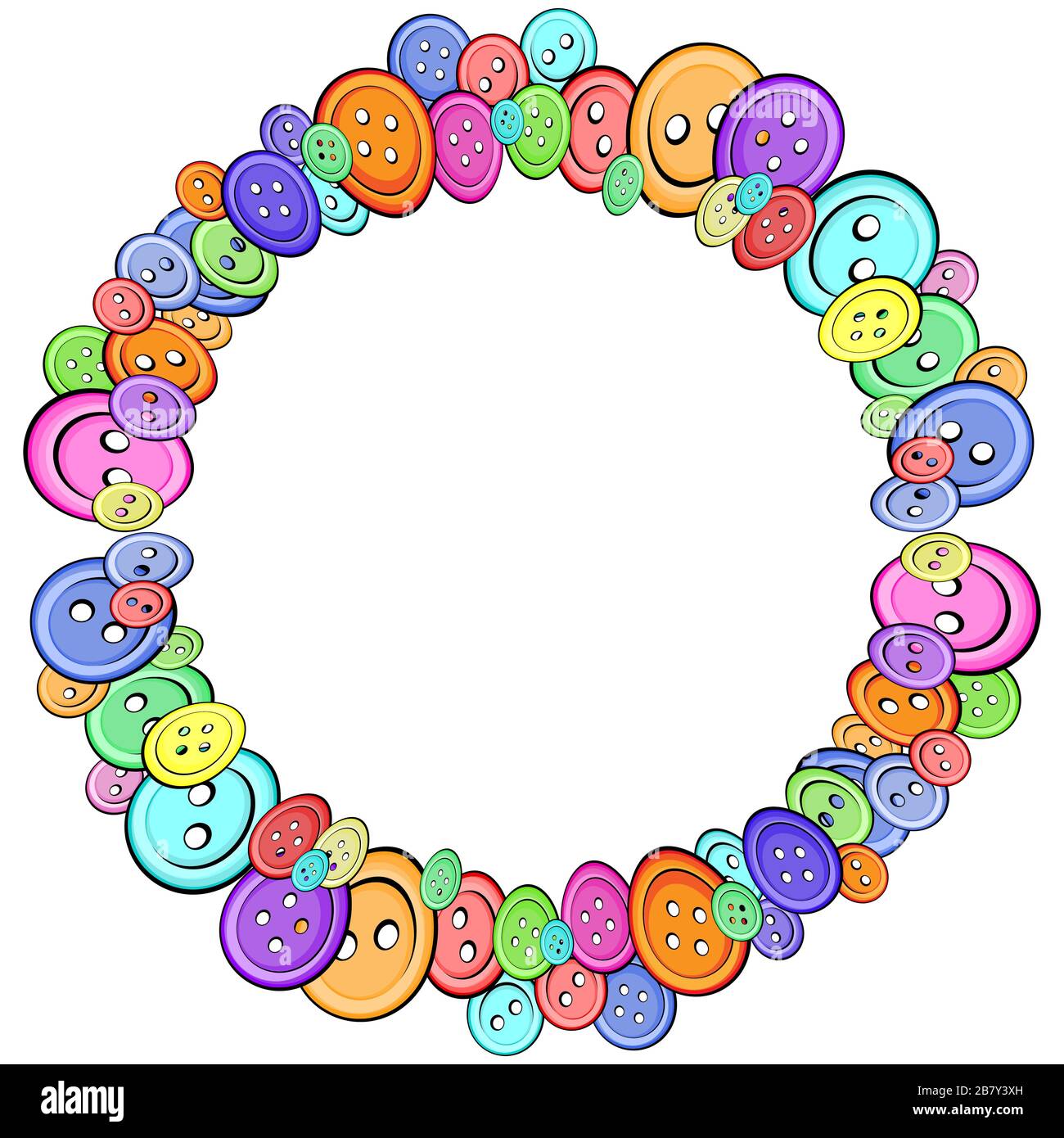Jeu de boutons multicolores pour vêtements de différentes tailles. Illustration vectorielle - isoler sur un arrière-plan blanc. Cadre rond Illustration de Vecteur