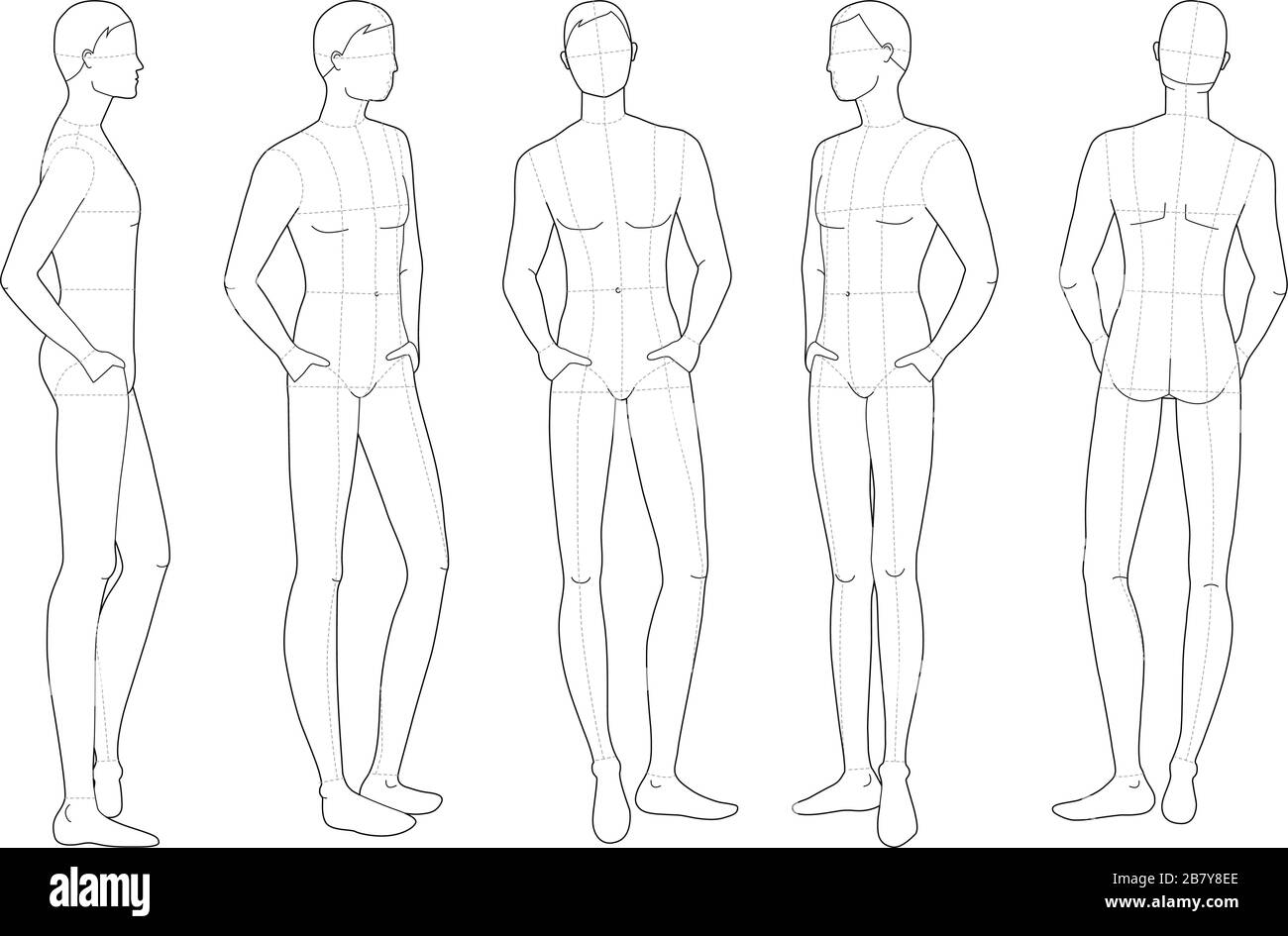 Modèle de mode de repos debout hommes. 9 dimensions de tête pour le dessin technique avec lignes principales. Les messieurs se voient de l'avant, du côté, 3-4 et de l'arrière. Silhouette vectorielle pour l'esquisse et l'illustration de mode. Illustration de Vecteur