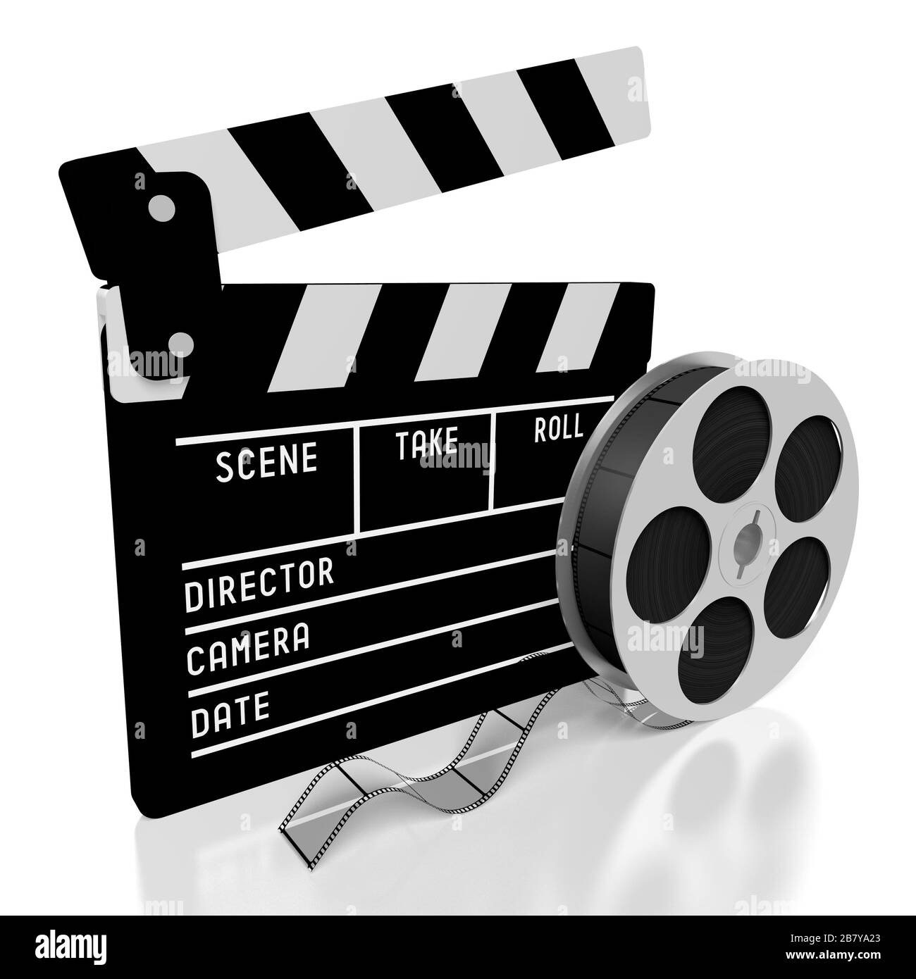 Clapperboard en 3 dimensions, film reel - concept de films Banque D'Images