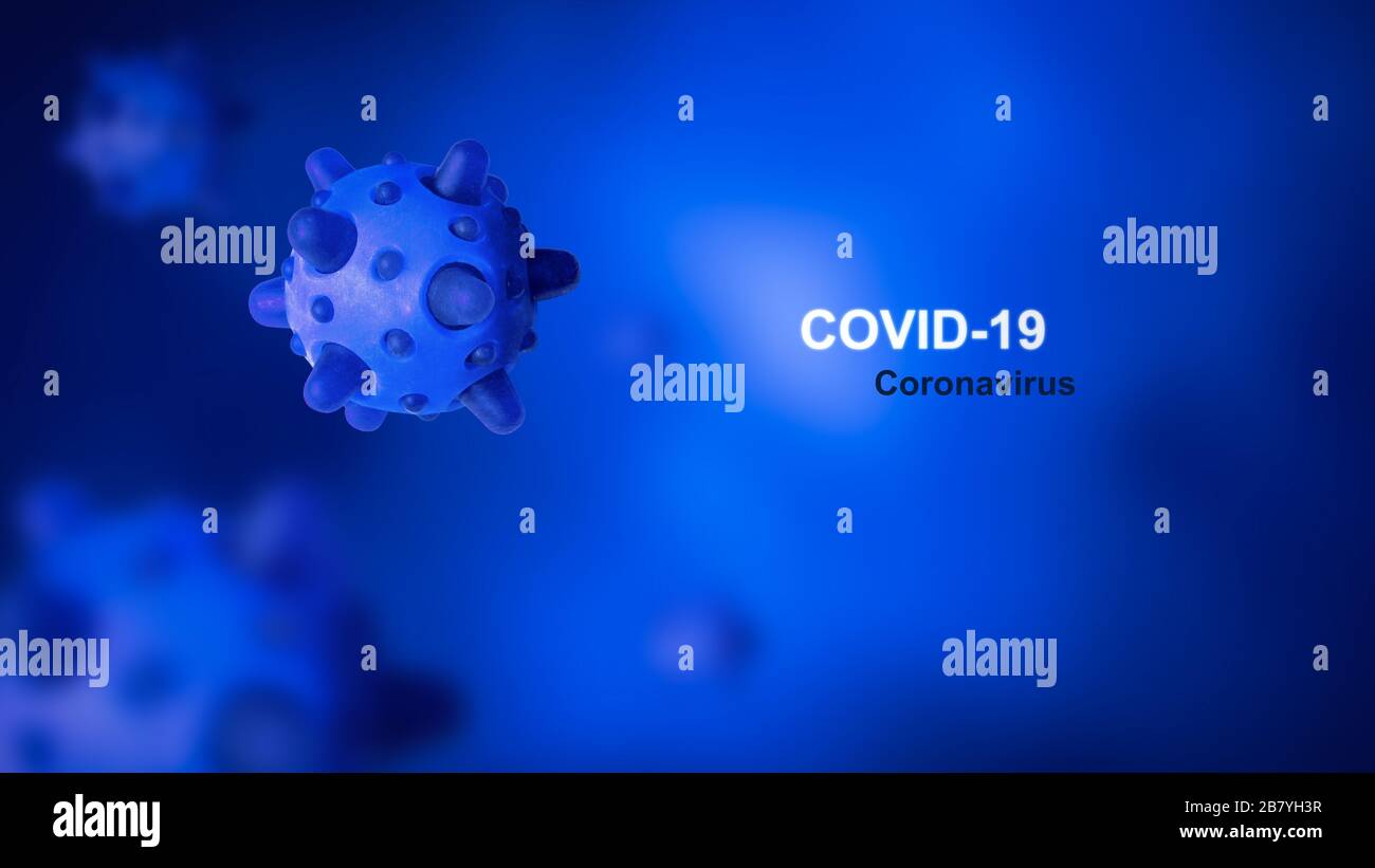 Concept de coronavirus COVID-19, illustration tridimensionnelle. Thème de la maladie COVID sur fond bleu. Nouvelle épidémie mondiale de virus corona SRAS-CoV-2. Bannière avec COVID1 Banque D'Images