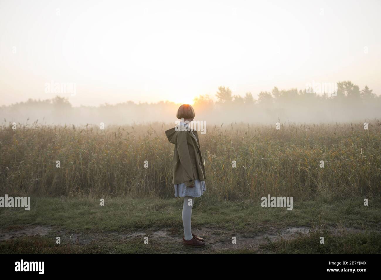 Jeune femme par champ d'herbe longue au coucher du soleil Banque D'Images