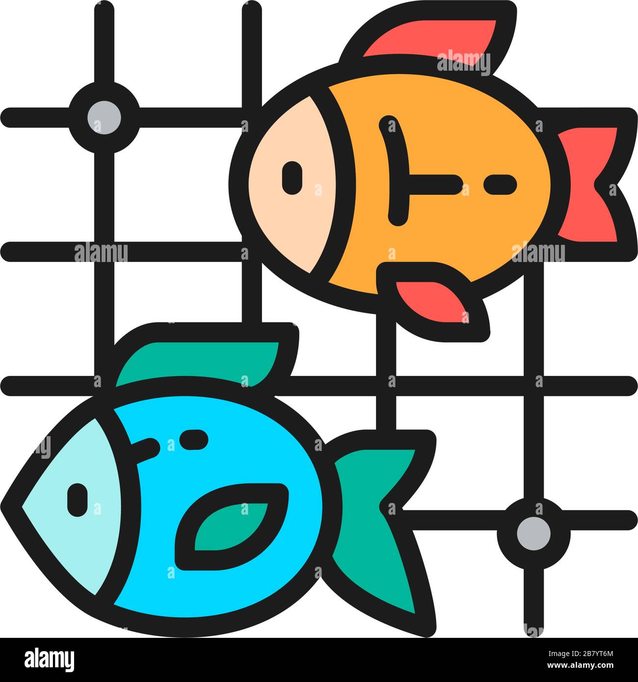 Poisson dans les filets de pêche icône de ligne de couleur plate. Illustration de Vecteur