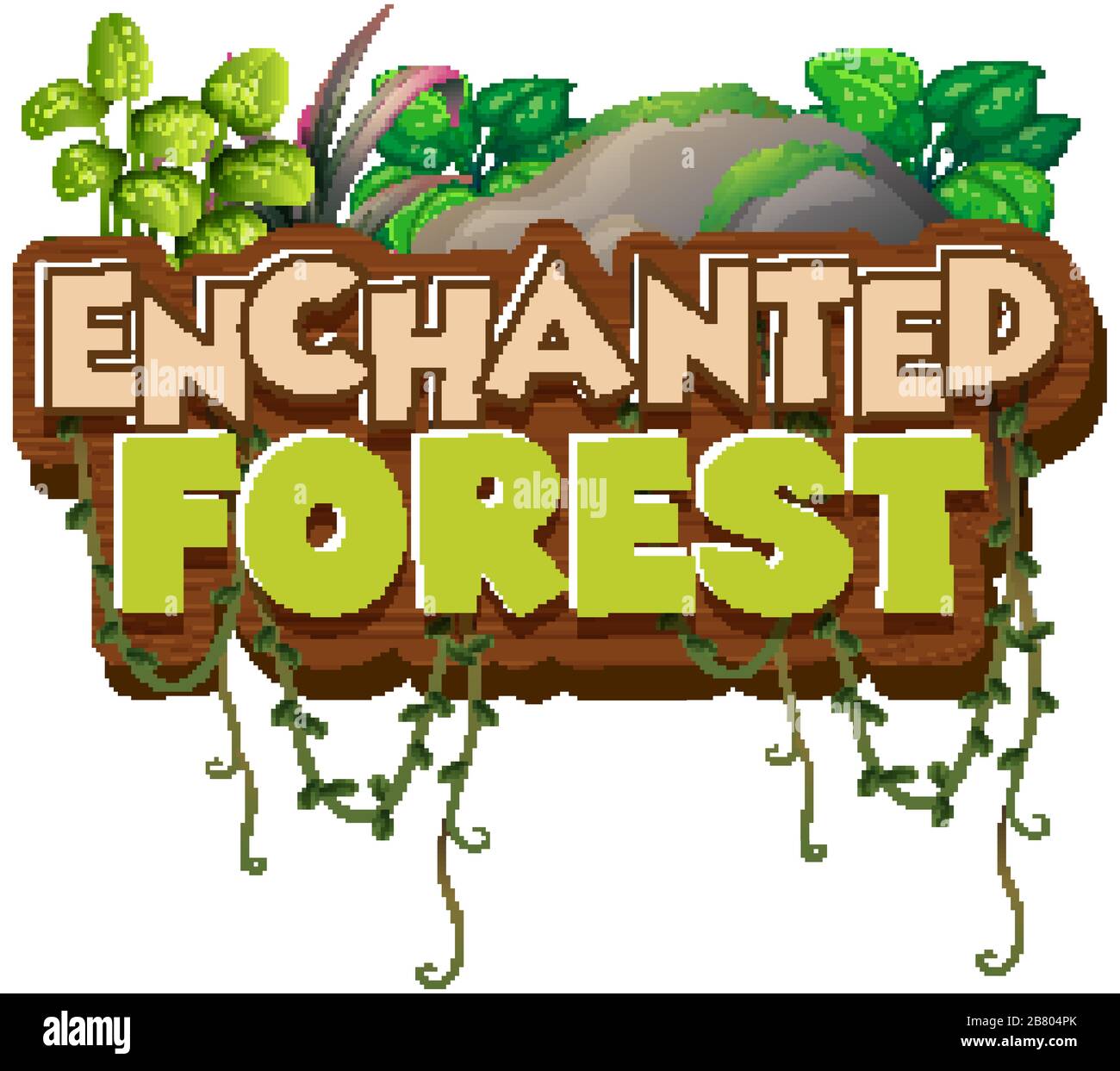 Conception de polices pour forêt enchantée de mots avec illustration de plantes vertes Illustration de Vecteur