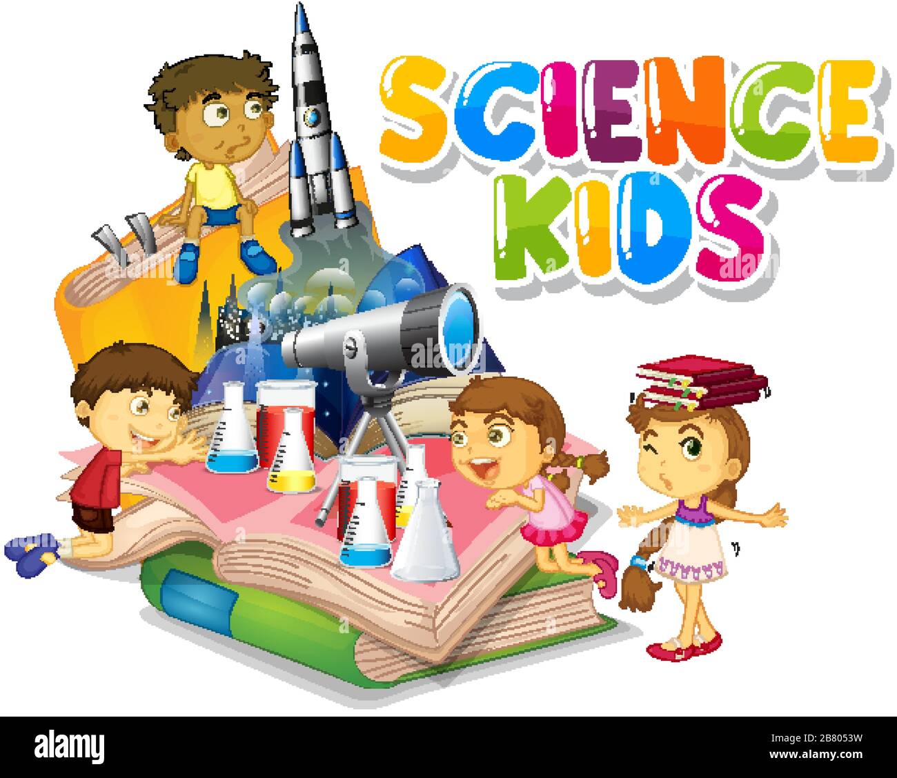 Conception de polices pour les enfants de science de mot avec des enfants  heureux dans l'illustration d'arrière-plan Image Vectorielle Stock - Alamy