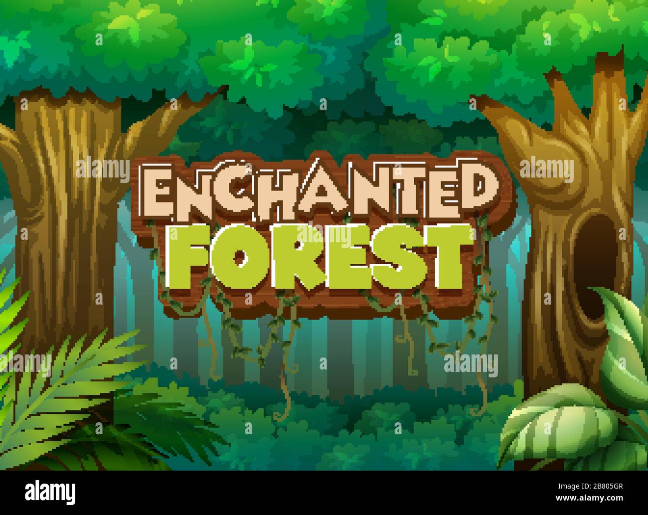 Conception de police pour forêt enchantée de mots avec illustration d'arrière-plan de forêt Illustration de Vecteur