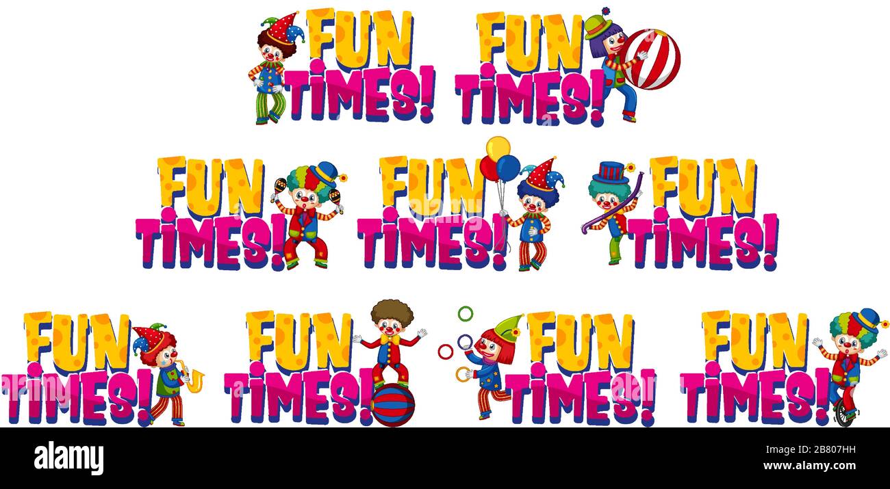 Ensemble de motifs de mot pour des moments de plaisir avec l'illustration de clowns heureux Illustration de Vecteur