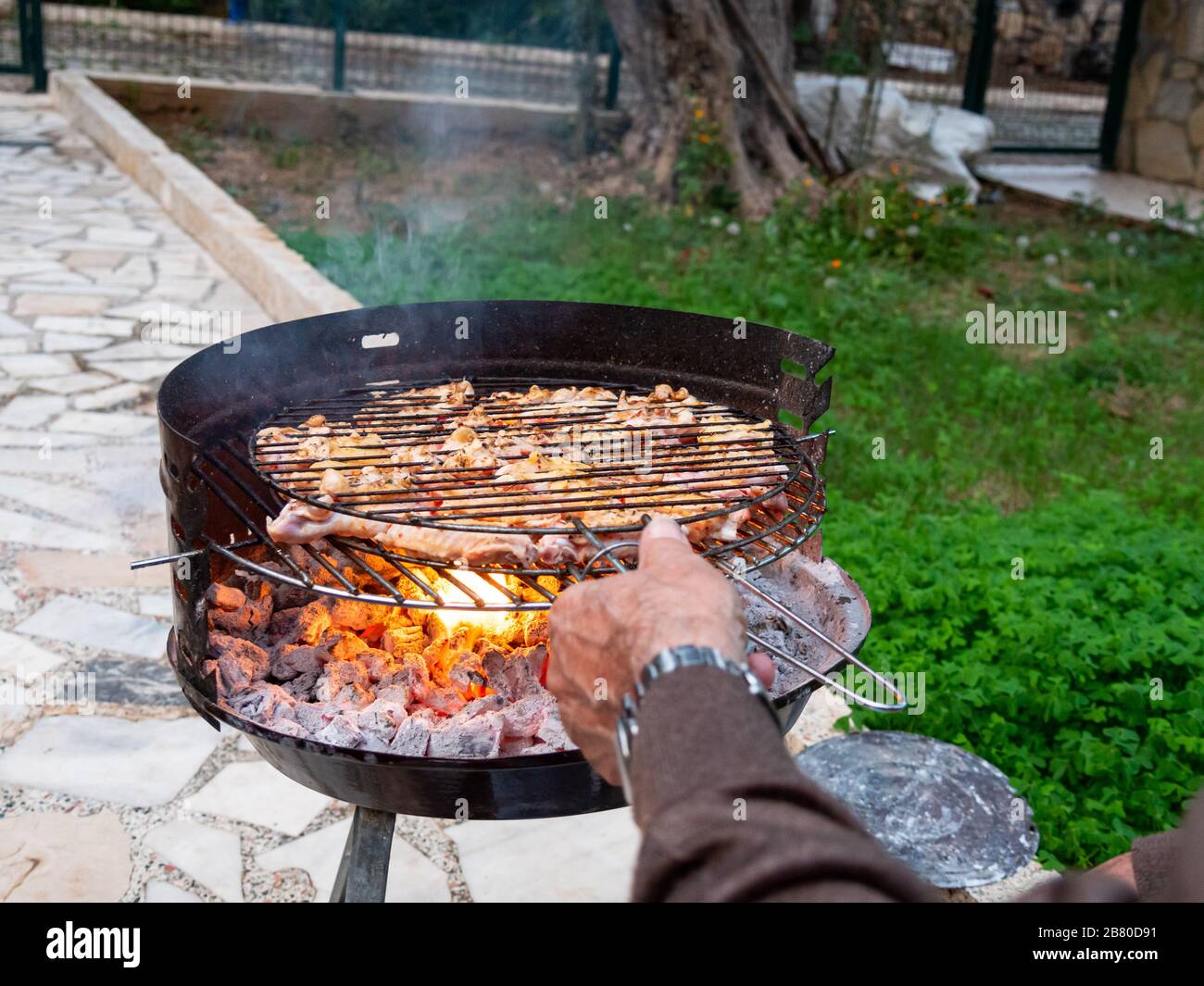 Pattes de poulet grillées sur le barbecue flamboyant. Concept de nourriture. Banque D'Images