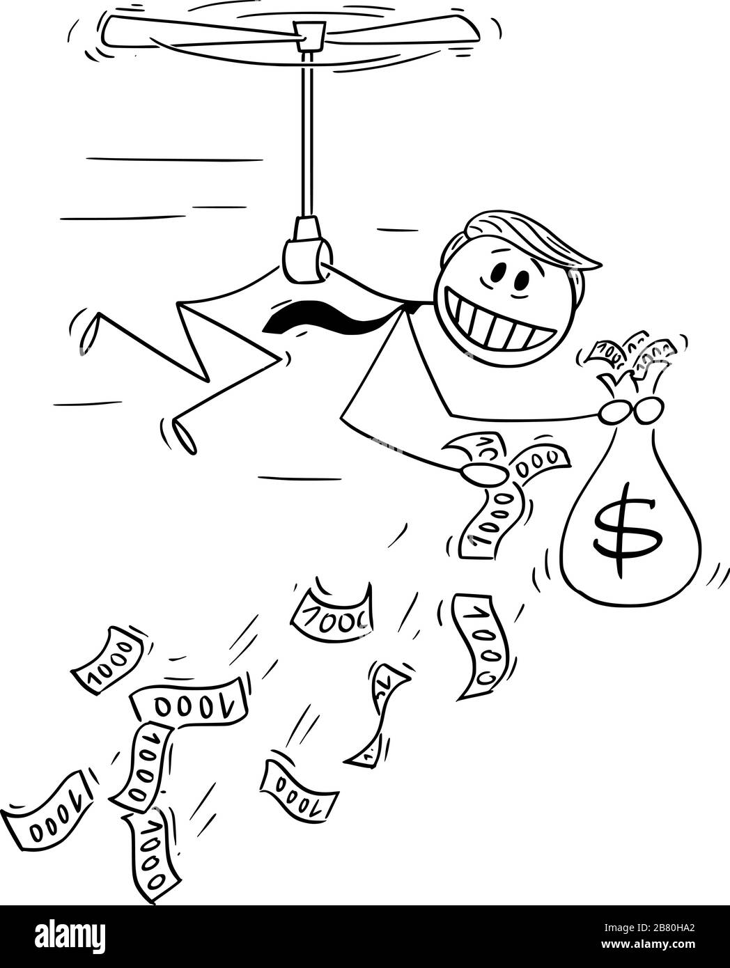 Illustration vectorielle du président américain Donald Trump qui jette de l'argent en utilisant de l'argent hélicoptère ou un assouplissement quantitatif pendant la récession.19 mars 2020. Illustration de Vecteur