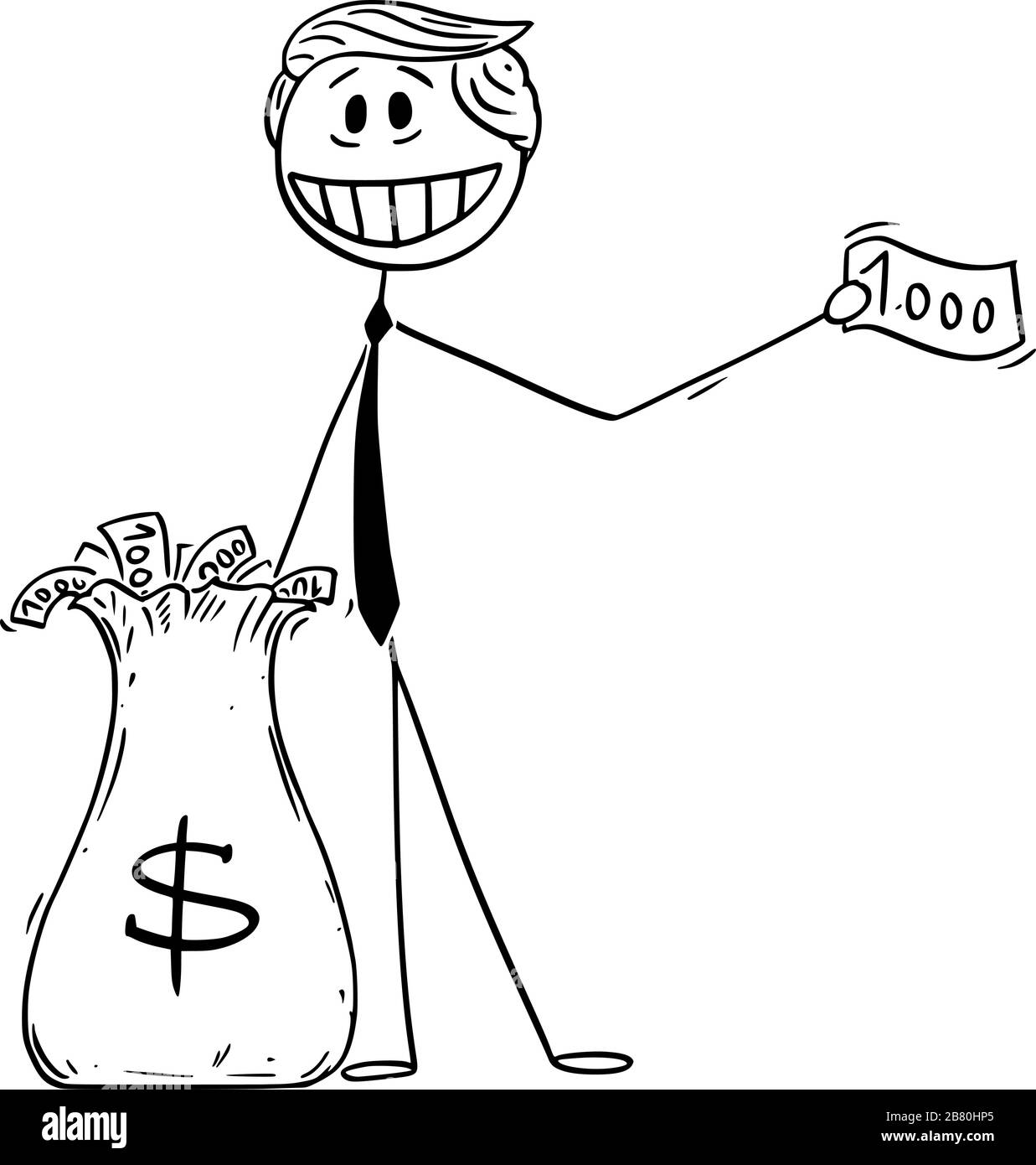 Illustration vectorielle du président américain Donald Trump donnant de l'argent en utilisant de l'argent hélicoptère ou un assouplissement quantitatif pendant la récession.19 mars 2020. Illustration de Vecteur