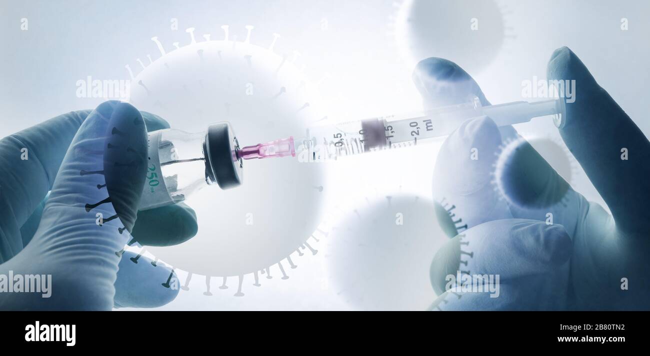Échantillon sanguin dans une fiole pour analyser le virus Corona et produire un vaccin. Le virus Corona surpasse Banque D'Images