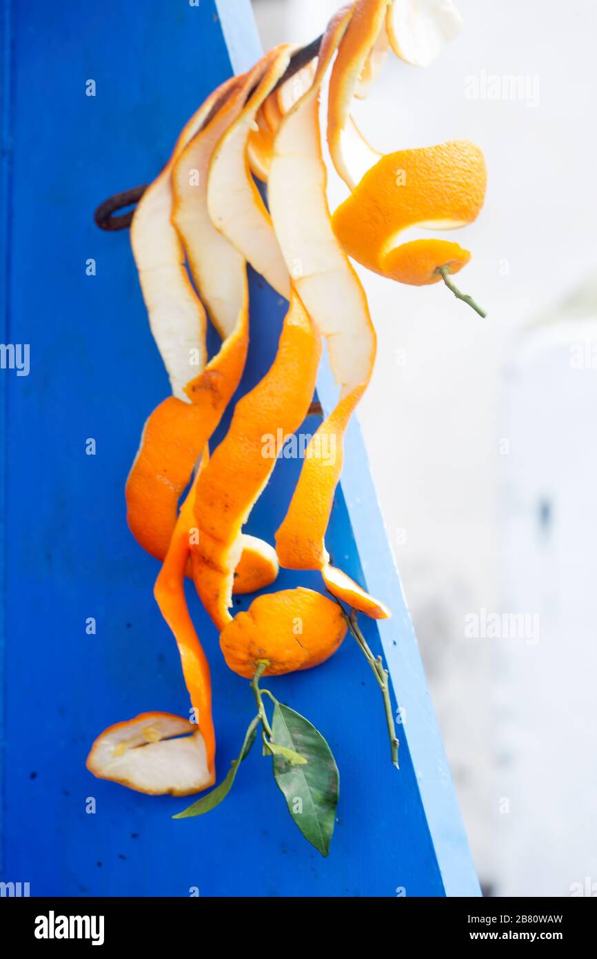 Peau d'orange avec affichage des feuilles, jus de la stalle, Essaouira, Maroc Banque D'Images