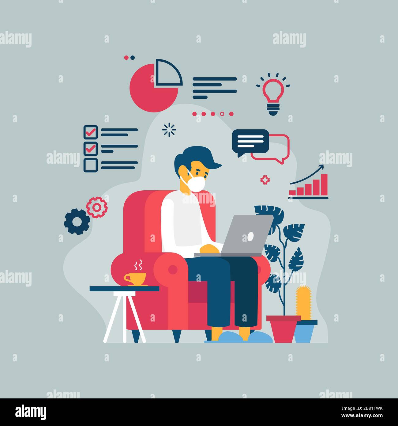 Illustration vectorielle d'un homme télétravailleur de sa maison à cause du coronavirus COVID-19 Banque D'Images