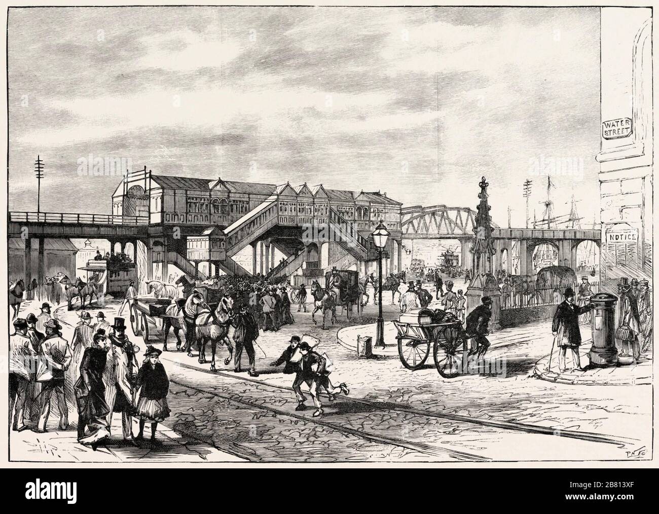 TRAIN AÉRIEN DE LIVERPOOL vers 1890 avec quais derrière. Banque D'Images