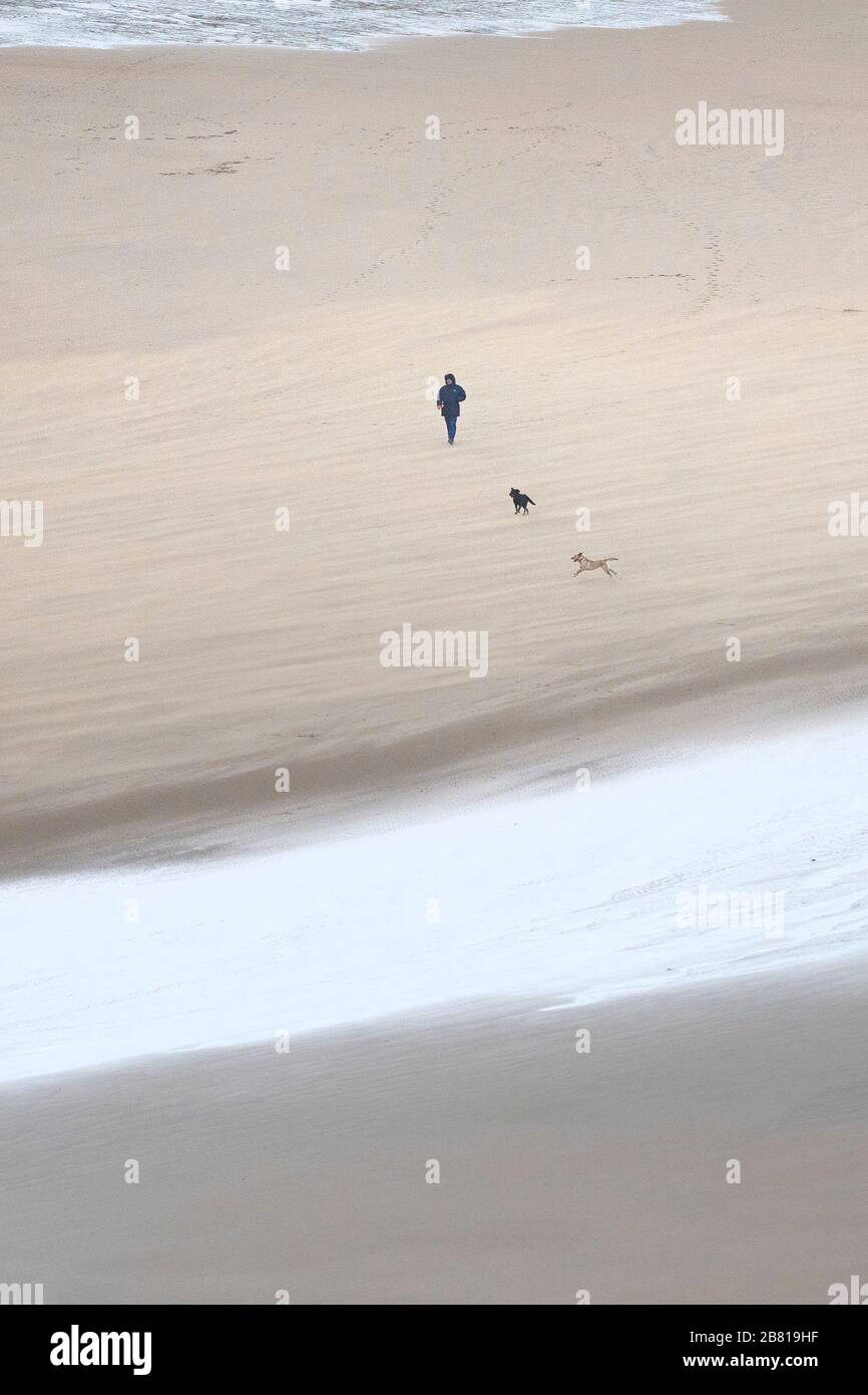 Un marcheur de chien vu à distance sur la plage de Crantock à Newquay, en Cornwall. Banque D'Images