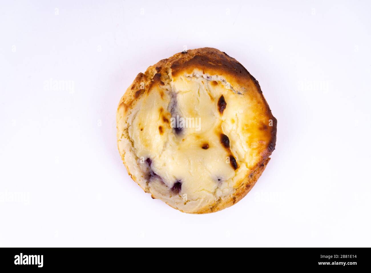 Un cheesecake cookie avec bleuets sur fond blanc avec espace de copie - vue de dessus Banque D'Images