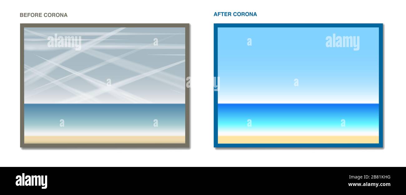 Avant le coronavirus et après le coronavirus. Pollution de l'air causée par les avions - vue sur l'océan avec de nombreux sentiers de condensation dans le ciel. Banque D'Images Avant le coronavirus et après le coronavirus. Pollution de l'air causée par les avions - vue sur l'océan avec de nombreux sentiers de condensation dans le ciel. Banque D'Images
