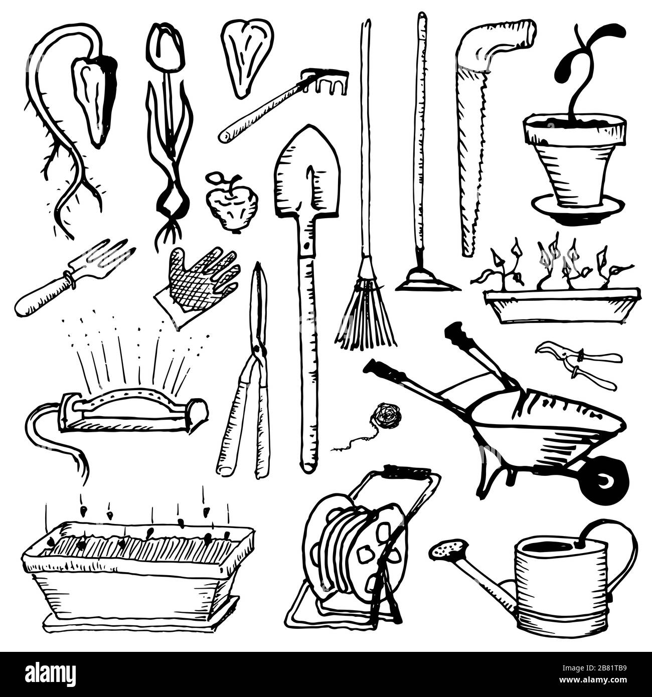 Outils pour la manutention, l'entretien et la culture d'un jardin. Hobbies des retraités. Agriculture et loisirs. Illustration de Vecteur
