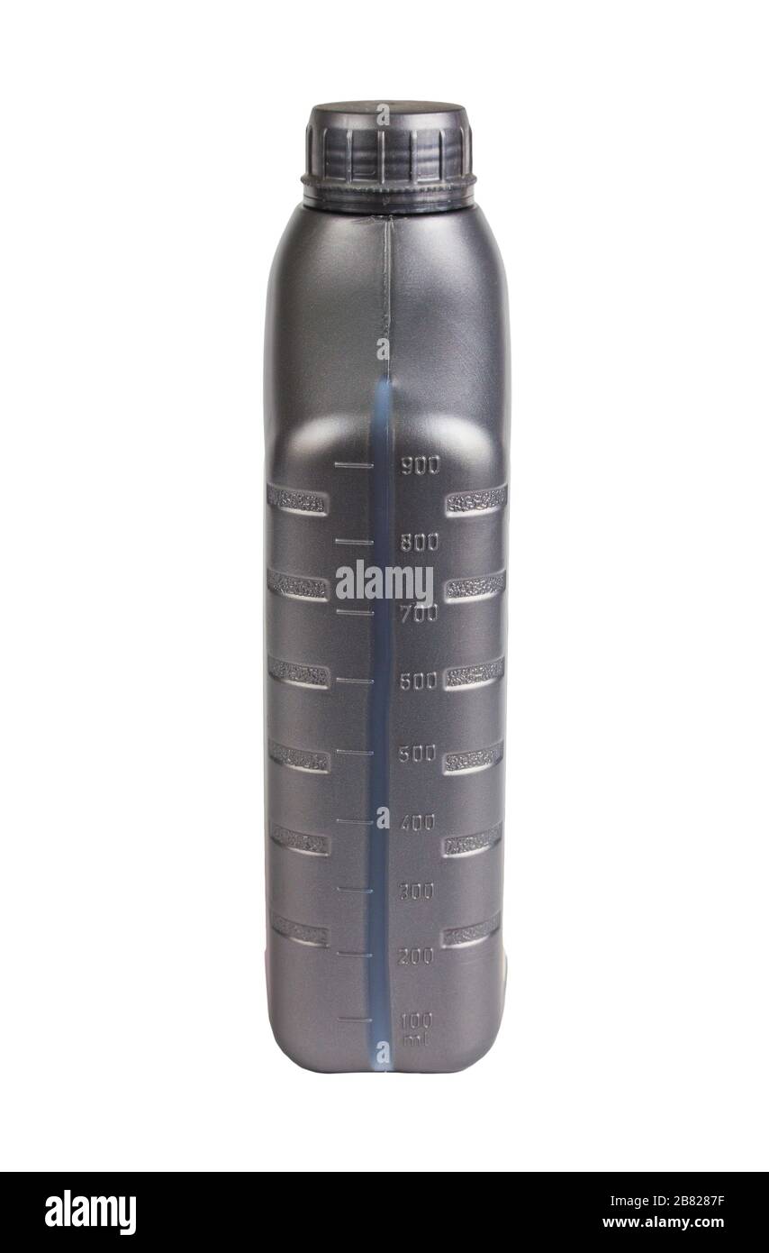 Conteneur en plastique pour huile moteur isolé sur fond blanc, bidon de 1 litre. Bouteille d'huile moteur pour pièces de rechange. Banque D'Images
