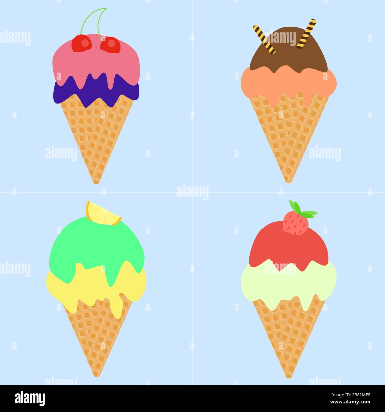 Jeu de cônes de crème glacée. Icônes vectorielles. Dessert d'été. Collection de crèmes glacées Illustration de Vecteur