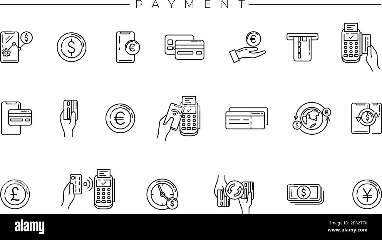 Les icônes de l'ensemble des paiements sont l'une des icônes de ligne modernes définies sur le thème des professions de la Freelance. Illustration de Vecteur