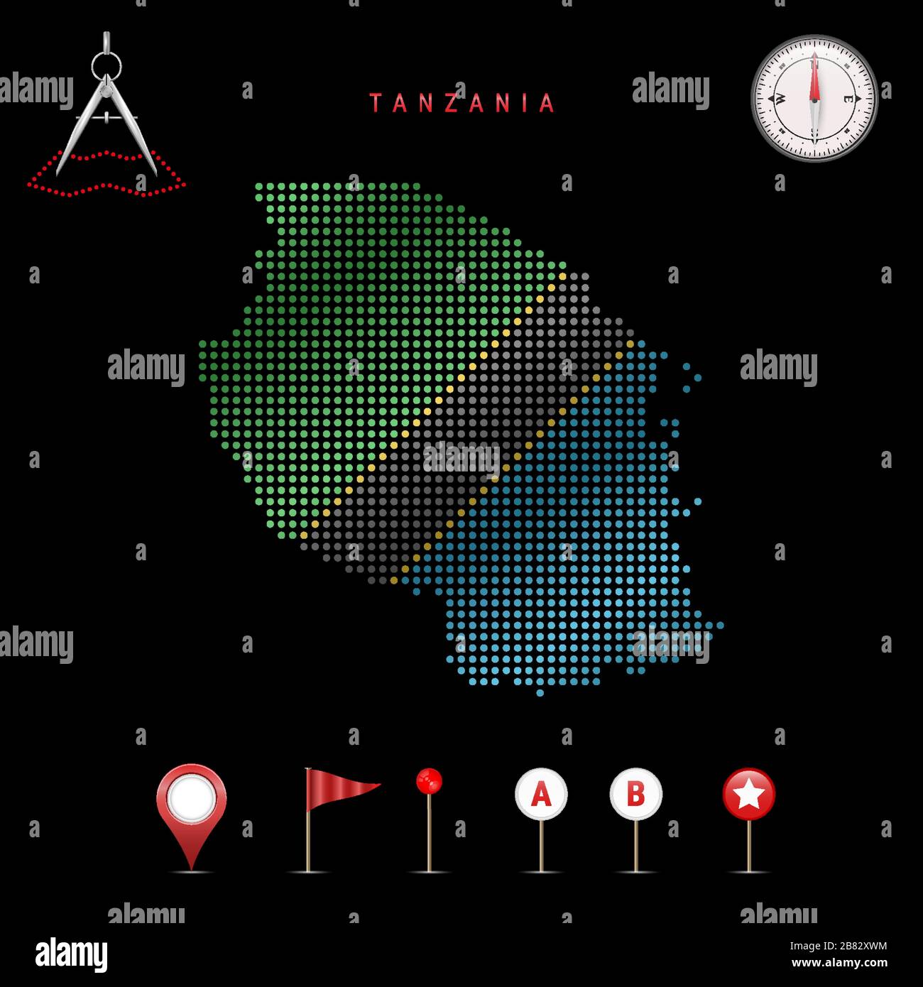 Carte pointillée de la Tanzanie peinte dans les couleurs du drapeau national de la Tanzanie. Effet de drapeau de spéléologie. Outils de carte, ensemble d'icônes cartographiques. Vecteur illust Illustration de Vecteur