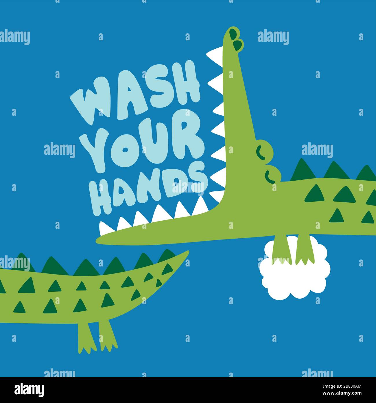 Lavez-vous les mains ! - gribouille dessinée à la main, crocodile de dessin animé ou alligator. Idéal pour les motifs graphiques en tissu à motif poster ou t-shirt. Vecteur dessiné à la main Illustration de Vecteur