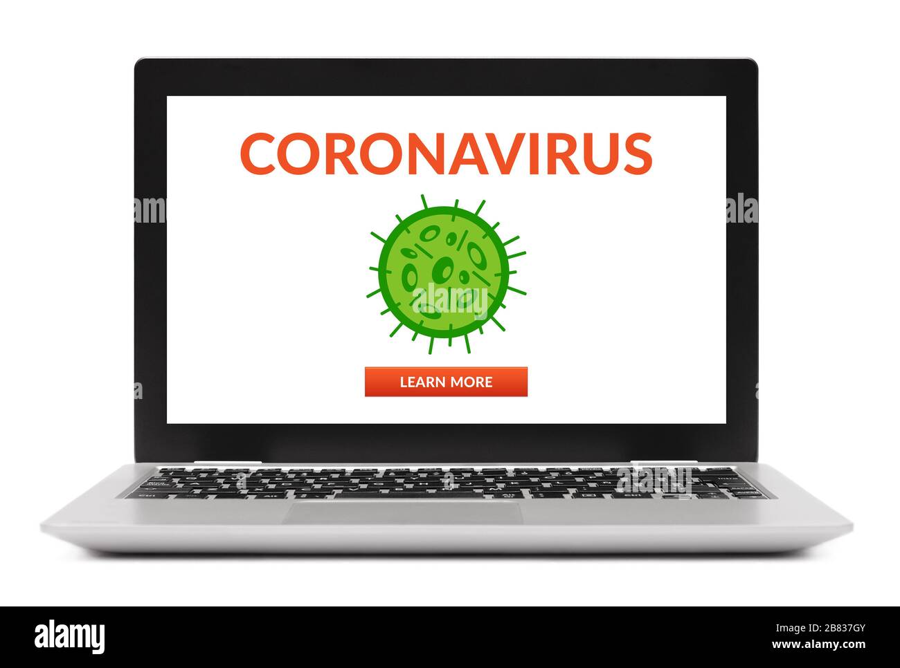 Coronavirus, concept covid-19 sur écran d'ordinateur portable. Distanciation sociale. Isolé sur fond blanc. Banque D'Images