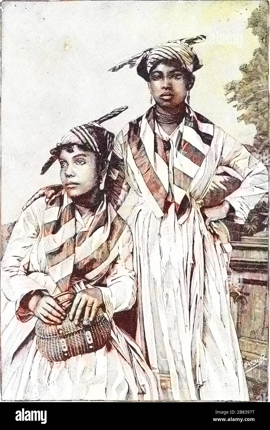 Dessin gravé de deux jeunes femmes de Guyane, du livre "l'histoire universelle de Ridpath" de John Clark Ridpath, 1897. Archives Internet de courtoisie. Remarque : l'image a été colorisée numériquement à l'aide d'un processus moderne. Les couleurs peuvent ne pas être précises sur une période donnée. () Banque D'Images