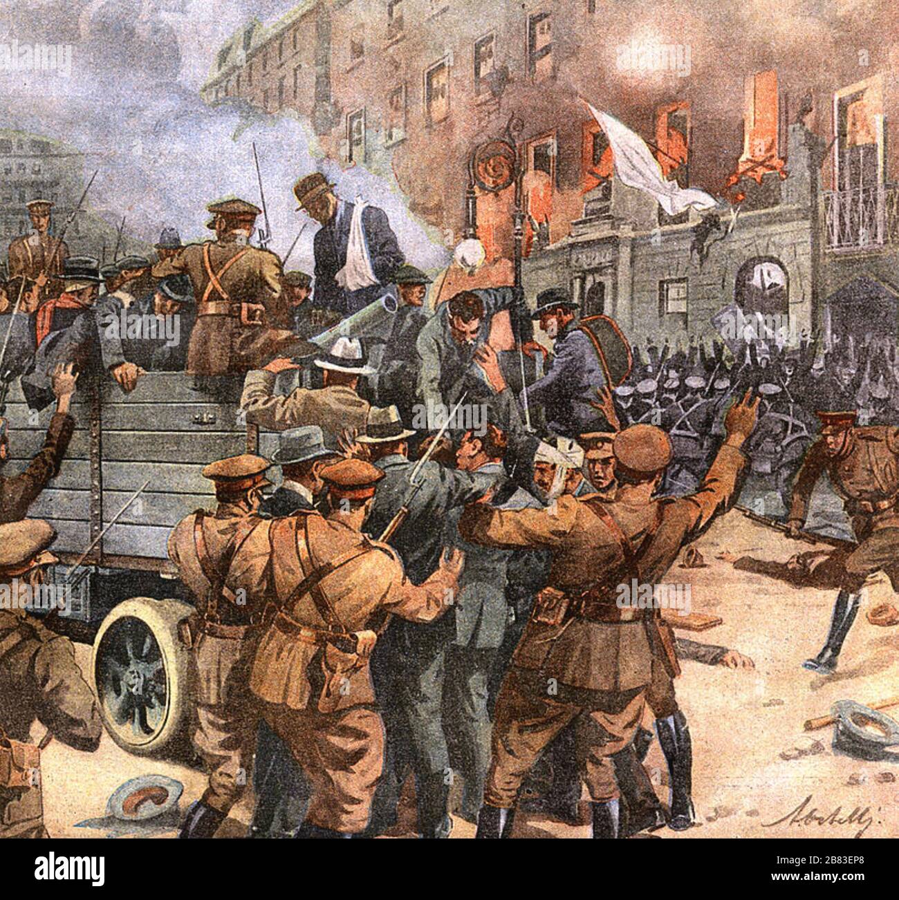 PÂQUES EN HAUSSE 1916. Des soldats britanniques qui placent des prisonniers dans un camion dans une rue de Dublin Banque D'Images