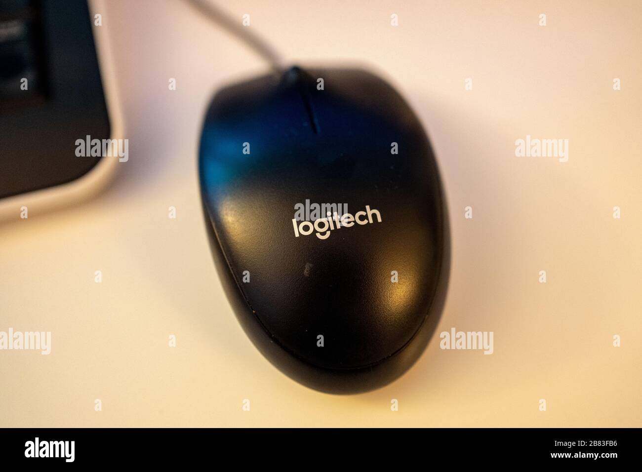 Gros plan du logo de la société de matériel informatique Logitech sur une souris d'ordinateur dans un environnement de bureau, San Ramon, Californie, 7 février 2020. () Banque D'Images