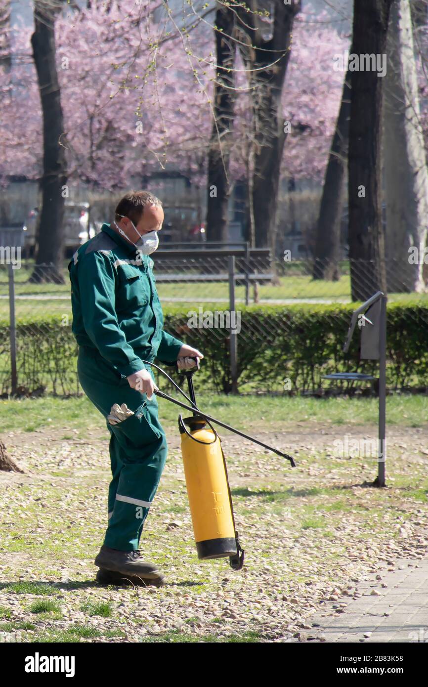 Belgrade, Serbie - 19 mars 2020: Travailleur de la verdure de la ville en train de désinfecter les parcs extérieurs pulvérisation pour la prévention de la propagation du virus Corona Banque D'Images