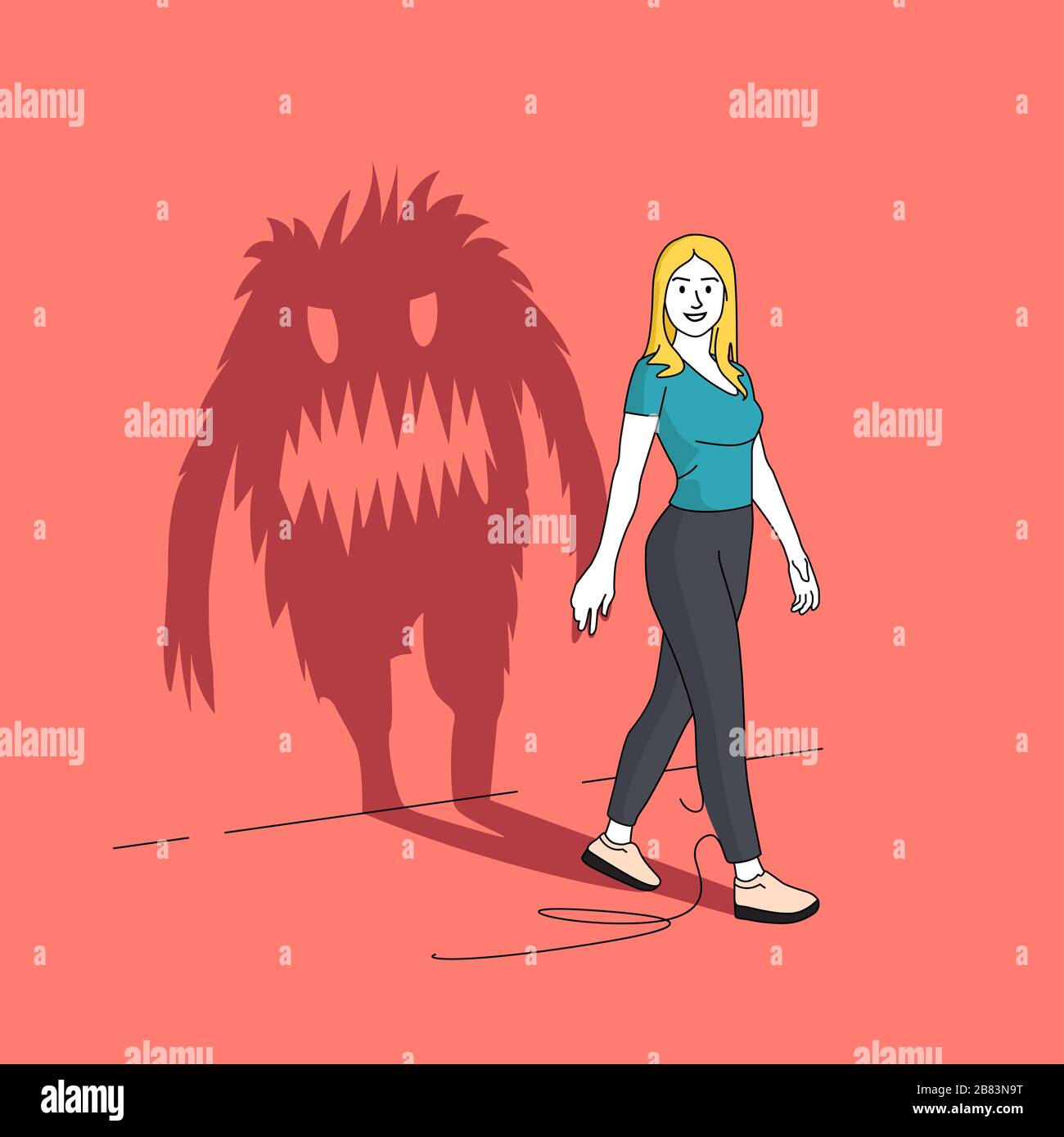 Le monstre à l'intérieur de vous. Une femme apparemment heureuse jetant une longue ombre dans la forme d'un monstre. Illustration vectorielle People. Illustration de Vecteur