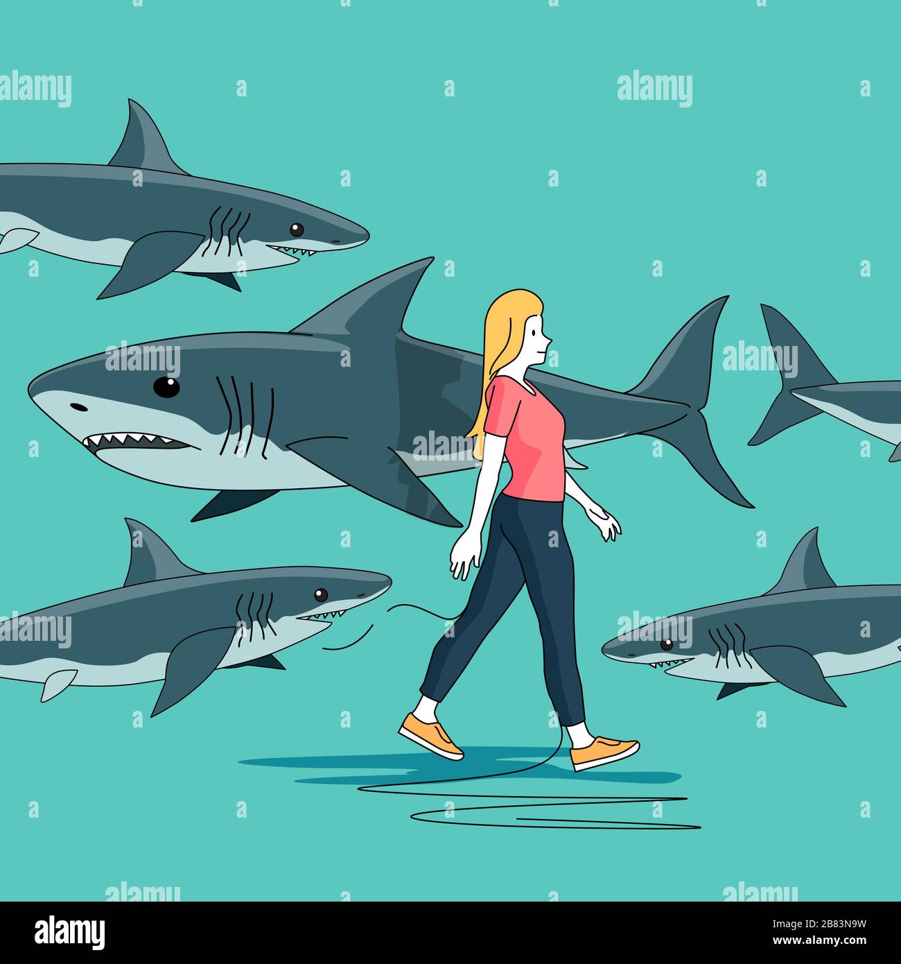 Une femme marchant tout en étant entourée de requins. Illustration vectorielle People concept Illustration de Vecteur