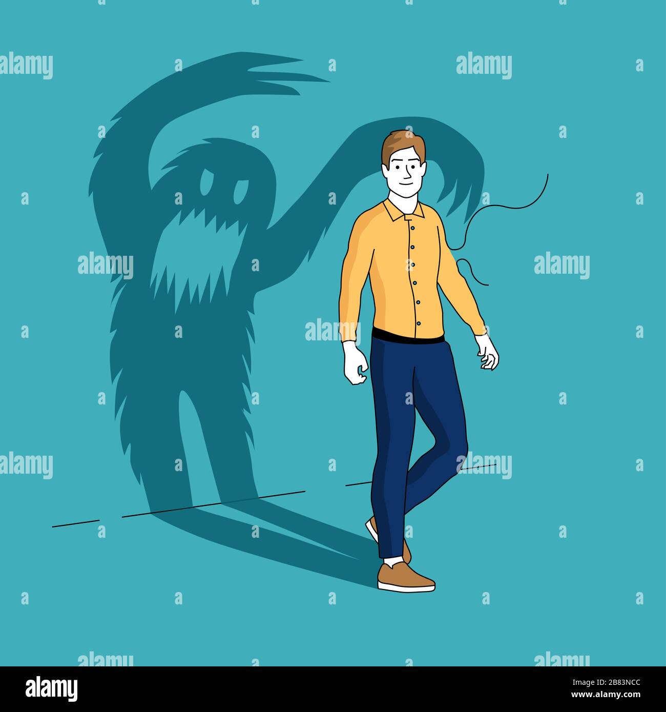 Les démons internes. Un homme souriant jette une longue ombre sous la forme d'un monstre. Illustration vectorielle People Illustration de Vecteur