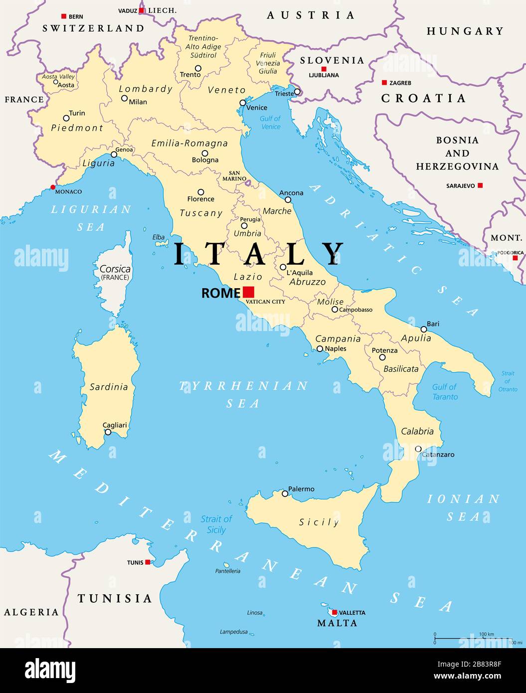 Italie, carte politique, divisions administratives. République italienne avec la capitale Rome, 20 régions et leurs capitales, frontières internationales et voisins Banque D'Images