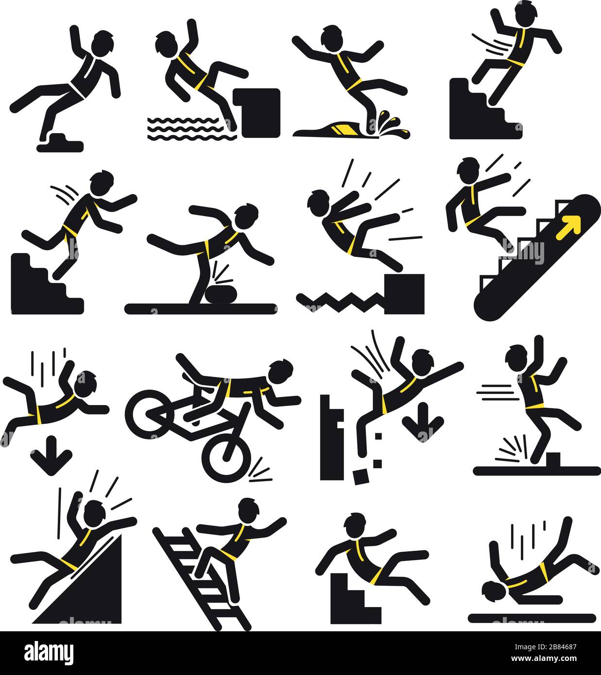 Ensemble vectoriel d'homme linéaire noir tombant et frapper dans diverses situations en concept de signes d'avertissement sur fond blanc Illustration de Vecteur